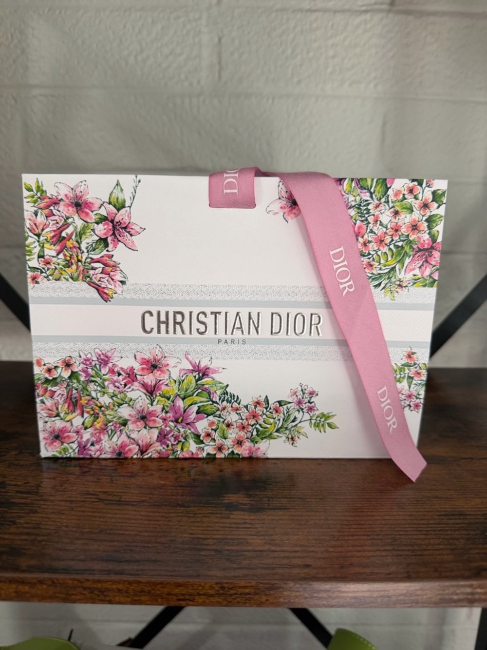 Dior Floral Paper Gift Bag with Pink Ribbon - White & Pink